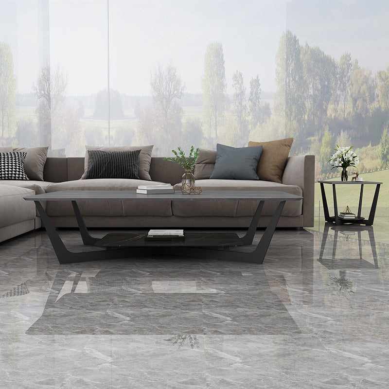 Table basse à jambes croisées en ardoise moderne avec table à cocktails rectangulaires d'étagère en noir