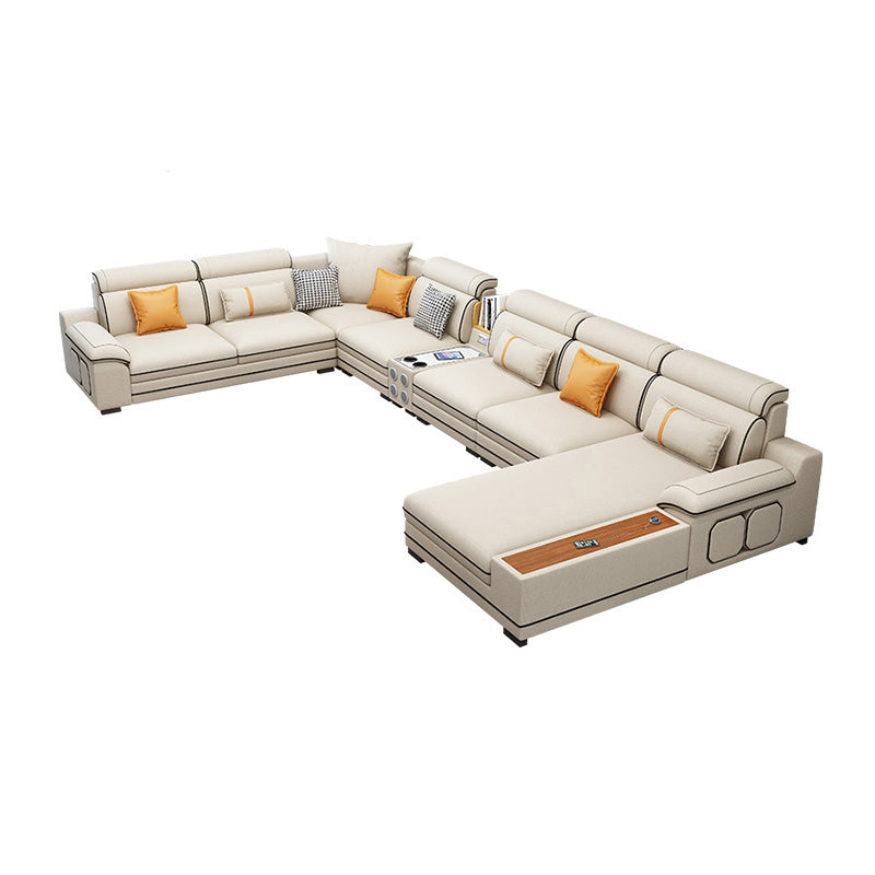 Faux Leather Cotton Blend Furniture Sectionals with Storage in Beige 160.5"L x 96.5"W x 39.5"H Clearhalo 'furn' 'furn_sectionals' 'Furniture' 'Living Room Furniture' 'Sectionals' 5327726