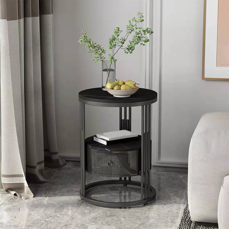 19.69" W x 19.69"D x 21.65" H End Table Round Stone Side Table with Storage Black Black Gold Drawers Included Clearhalo 'Coffee & Accent Tables' 'End & Side Tables' 'end_side_tables' 'furn' 'furn_end_side_tables' 'Furniture' 'Living Room Furniture' 5328378