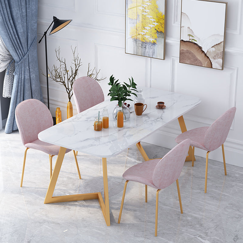 Nordic 1/5 Pieces Dining Set Rectangle Stone Dining Table for Dining Room Kitchen 5 Pieces: White-Grey Table, 4 Light Pink Chairs Clearhalo 'Dining Room Sets' 'Dining Tables & Seating' 'dining_room_set' 'furn' 'furn_dining_room_set' 'Furniture' 'Kitchen & Dining Furniture' 5338849