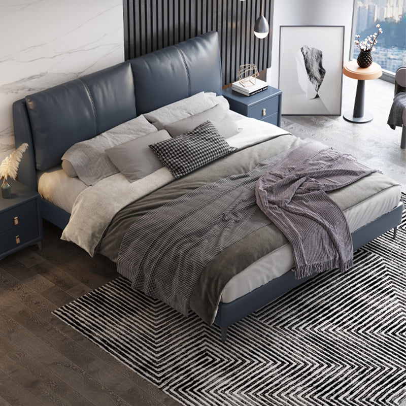 Modern Genuine Leather Panel Bed Pine Wood Rectangular Upholstered Bed