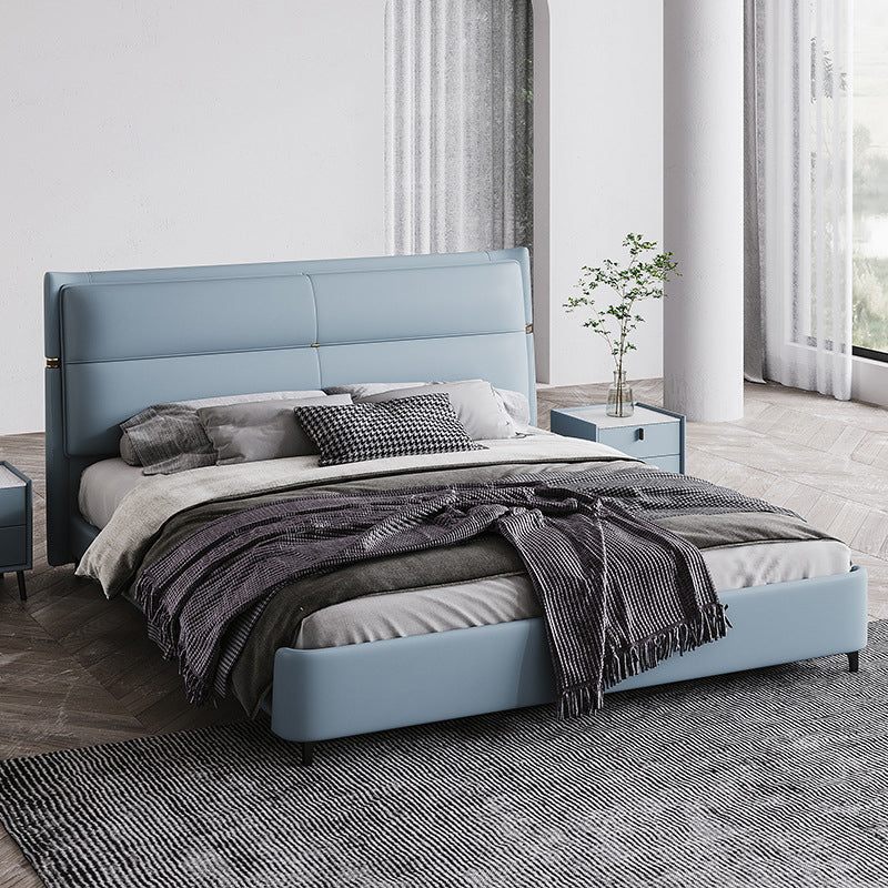 Leather Upholstered Rectangular Panel Bed Standard Bed Frame in Blue