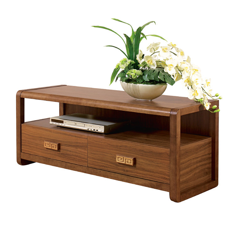 Mandeo de tv de madera de goma marrón gabinete de televisión de estilo contemporáneo con 2 cajones