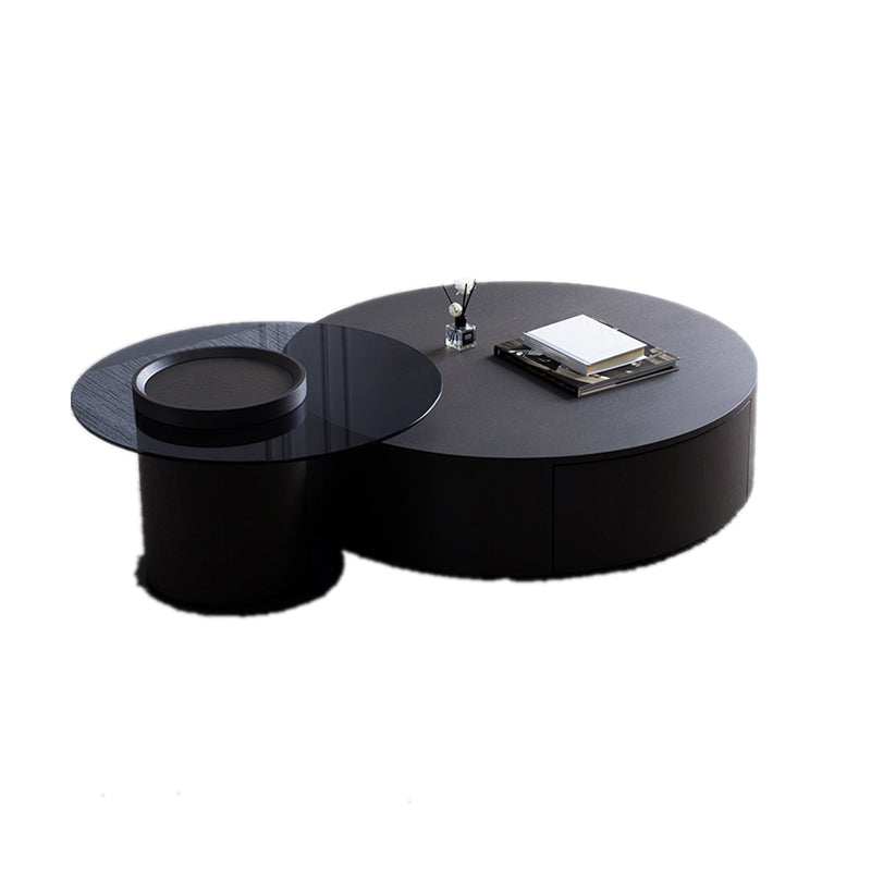 North European Round Coffee Table Wood 1 Cocktail Table with Drawers 31.5"L x 31.5"W x 12"H + 24"L x 24"W x 16.5"H Black Clearhalo 'Coffee & Accent Tables' 'Coffee Tables' 'coffee_tables' 'furn' 'furn_coffee_tables' 'Furniture' 'Living Room Furniture' 5351557