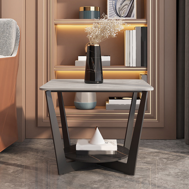 Square Marble Top End Table Metal Frame Sofa Side End Table with Shelf 23.6"L x 23.6"W x 20"H Black Gold Gray Clearhalo 'Coffee & Accent Tables' 'End & Side Tables' 'end_side_tables' 'furn' 'furn_end_side_tables' 'Furniture' 'Living Room Furniture' 5361560