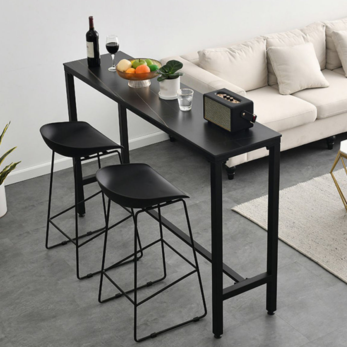 Modern Rectangle Bar Dining Table Stone Bar Table with Trestle Base 63"L x 15.7"W x 41.3"H Black Without Chairs Clearhalo 'Bar Furniture' 'Bar Tables' 'bar_tables' 'furn' 'furn_bar_tables' 'Furniture' 'Kitchen & Dining Furniture' 5370632