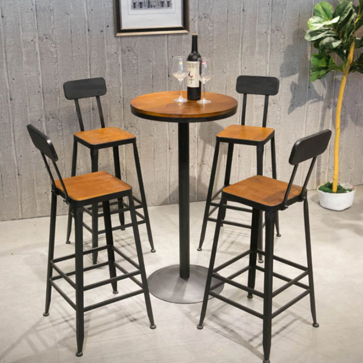 Industrial Circular Solid Wood Bar Table Set 1/2/3/5 Pieces Counter Table with High Stools 5 Pieces: Table, 4 Brown Chairs Clearhalo 'Bar Furniture' 'furn' 'furn_home_bar_bar_sets' 'Furniture' 'Home Bars & Bar Sets' 'home_bar_bar_sets' 'Kitchen & Dining Furniture' 5371393