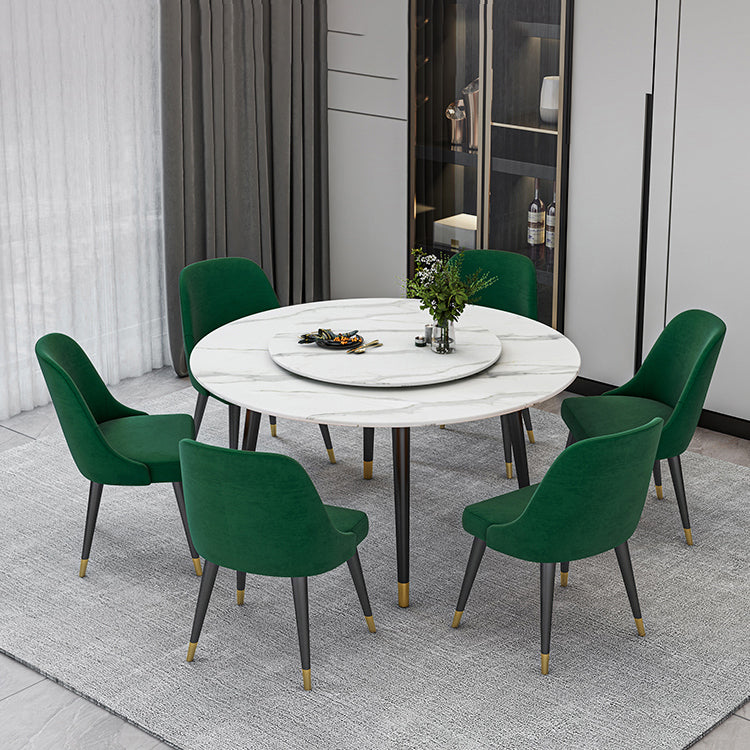 Glam Iron Dinette Set 1/4/5/6/7 Pieces Round White Sintered Stone Top Dining Table Set 7 Pieces: Table, 6 Green Chairs Clearhalo 'Dining Room Sets' 'Dining Tables & Seating' 'dining_room_set' 'furn' 'furn_dining_room_set' 'Furniture' 'Kitchen & Dining Furniture' 5371591