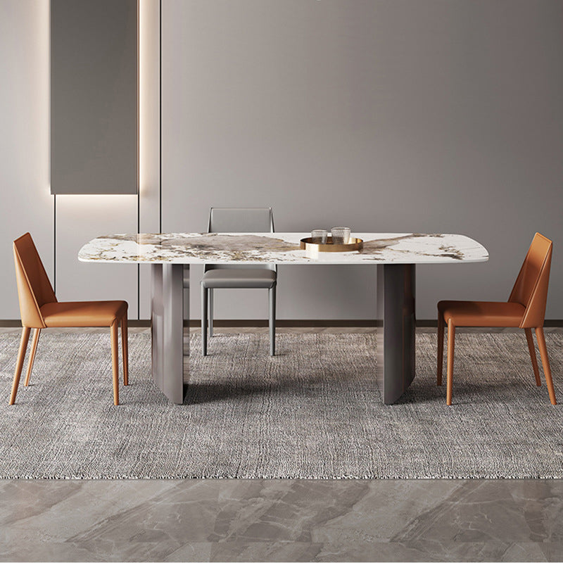 Moderne rechthoekige stenen tafel standaardhoogte dubbele voetstuk eettafel