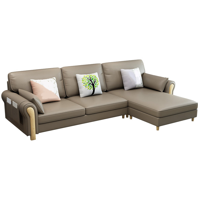 Farmhouse L-Shape Cotton Blend and Faux Leather Sectional Couch with Storage Faux Leather Brown Clearhalo 'furn' 'furn_sectionals' 'Furniture' 'Living Room Furniture' 'Sectionals' 5373799