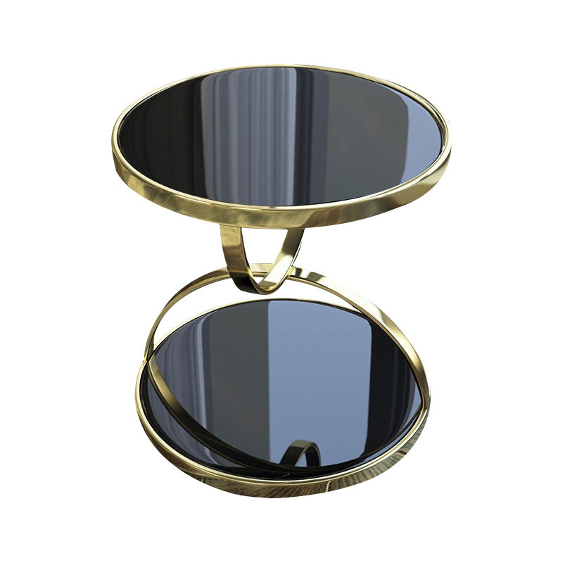 Glam Round Double Tier End Table Glossy Stone Side Table with Shelf 24"L x 24"W x 25.5"H Black Gold Clearhalo 'Coffee & Accent Tables' 'End & Side Tables' 'end_side_tables' 'furn' 'furn_end_side_tables' 'Furniture' 'Living Room Furniture' 5374469