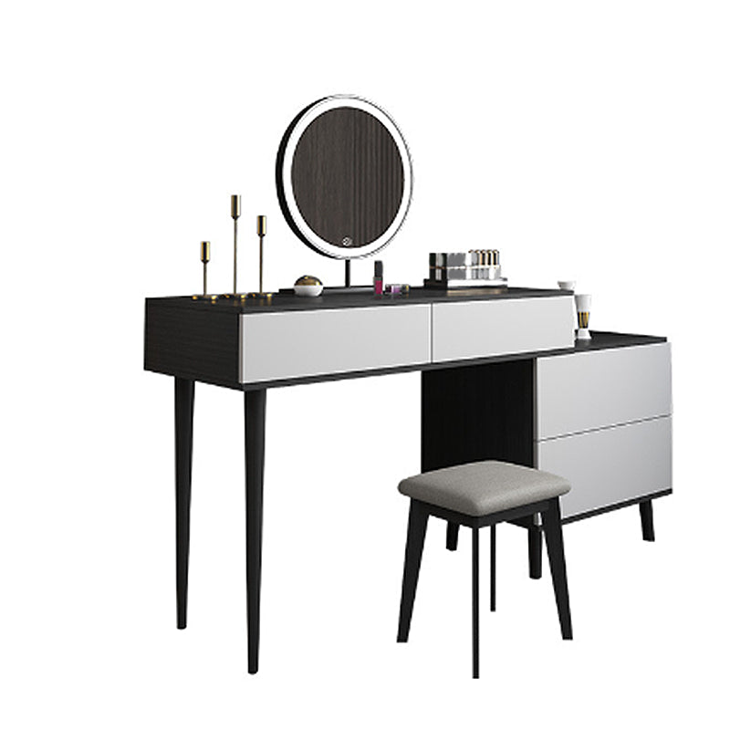 Modern Style White Wood-based Material Countertop Black Base with 4 Drawer Dresser Makeup Vanity & Mirror & Stools 45"L x 18"W x 31"H Clearhalo 'Bedroom Furniture' 'furn' 'furn_makeup_vanities' 'Furniture' 'Makeup Vanities' 'makeup_vanities' 5383571