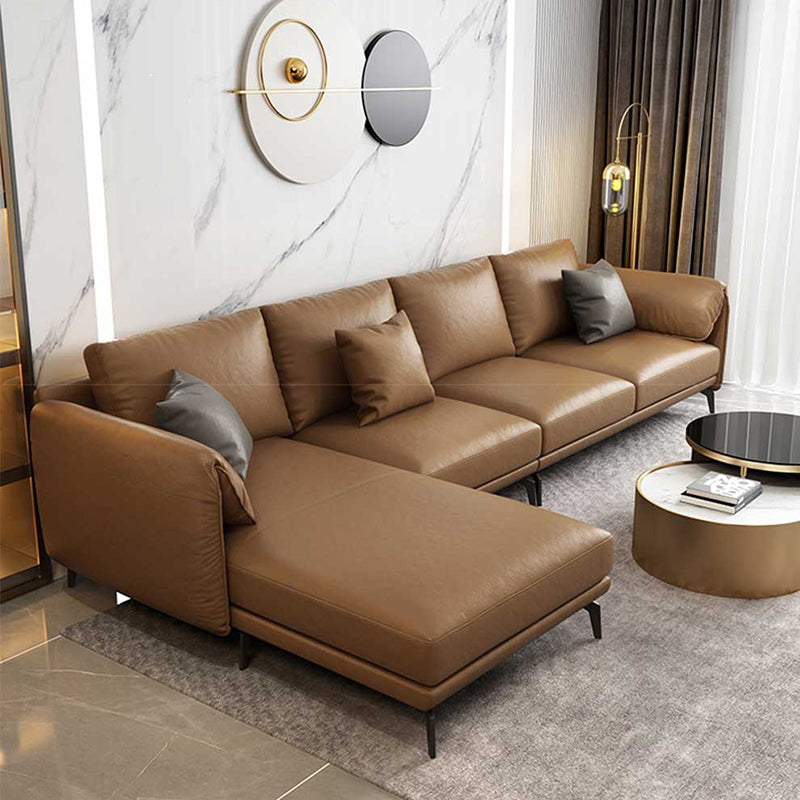Leather Padded down Seat with Pillow Back Sectional Grey/black/brown/blue Sofa 142"L x 71"W x 33.5"H Brown Left Clearhalo 'furn' 'furn_sectionals' 'Furniture' 'Living Room Furniture' 'Sectionals' 5390868