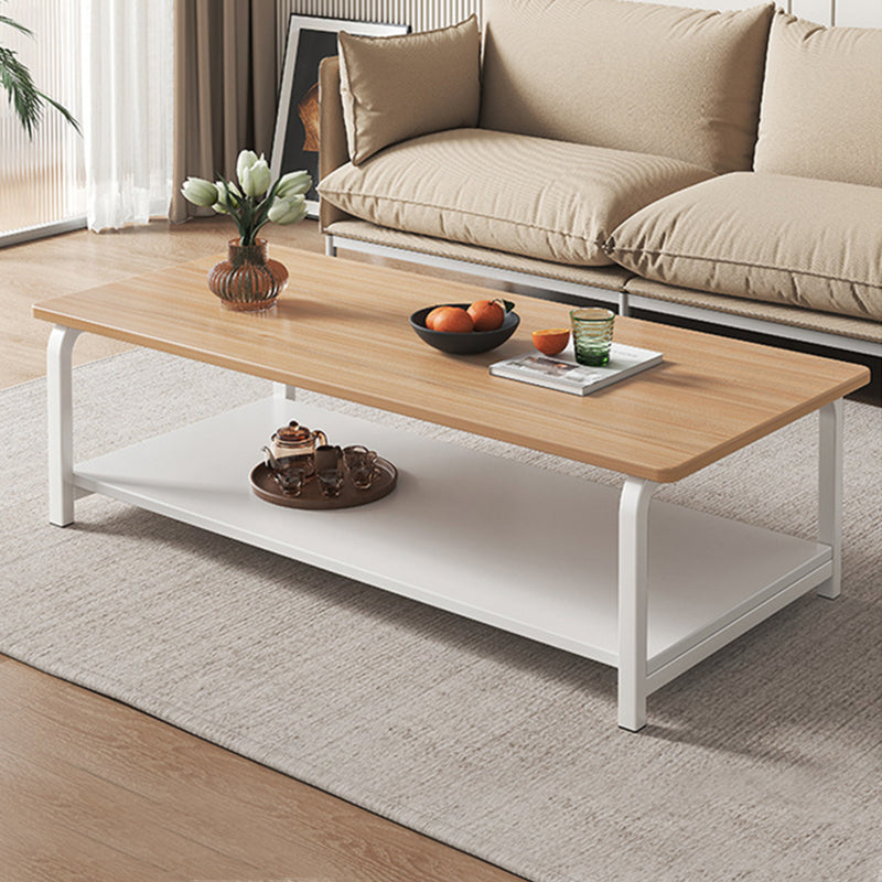 Modern 15,7 "hoge metalen slede rechthoekige houten bovenste salontafel met plank