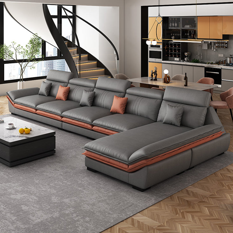 Contemporary Sewn Pillow Back Sofa & Chaise 37.4" H Pillow Top Sofa, Grey Faux Leather