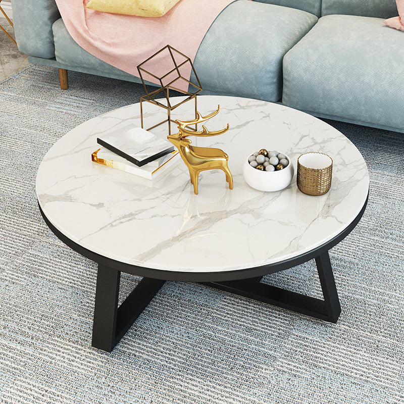 Glam Cross Legs Coffee Table Faux Marble Round Cocktail Table