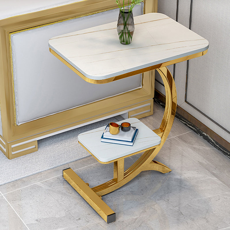 Modern Style Iron Base Rock Plate with Storage Shelf Rectangular Desktop Side Table