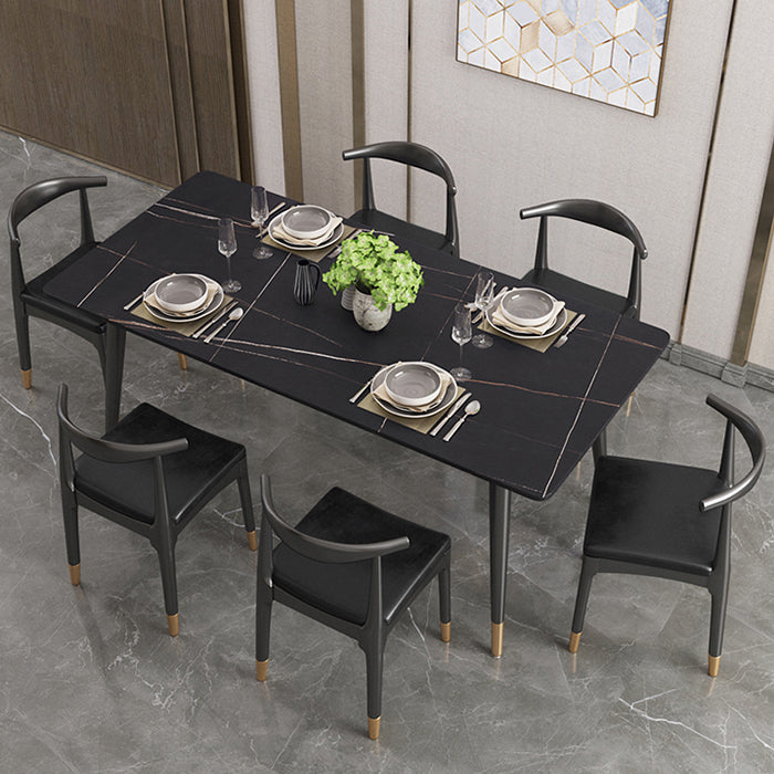 Modern Stone Top Dinette Set 1/2/4/5/7 Pieces Rectangle Dining Table Set in Black 7 Pieces: Table, 6 Chairs Clearhalo 'Dining Room Sets' 'Dining Tables & Seating' 'dining_room_set' 'furn' 'furn_dining_room_set' 'Furniture' 'Kitchen & Dining Furniture' 5407993