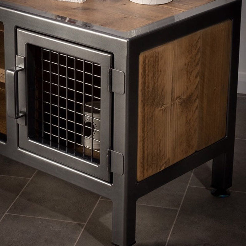 Brown Pine Wood Top TV Media Stand Industrial Media Console with Open Storage