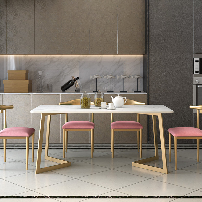 Glam White and Gold Dinette Set 1/2/5/7 Pieces Rectangle Stone Dining Table Set 5 Pieces: Table, 4 Chairs Clearhalo 'Dining Room Sets' 'Dining Tables & Seating' 'dining_room_set' 'furn' 'furn_dining_room_set' 'Furniture' 'Kitchen & Dining Furniture' 5433984