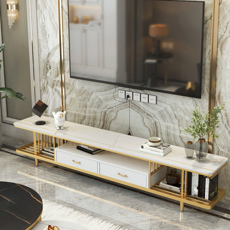 Glam Style TV Stand Open Storage TV Stand Console with 2-Drawer 79"L x 16"W x 20"H White-Gold Clearhalo 'furn' 'furn_tv_stands_entertainment_centers' 'Furniture' 'Living Room Furniture' 'TV Stands & Entertainment Centers' 'TV Stands & Media Storage Furniture' 'tv_stands_entertainment_centers' 5441278