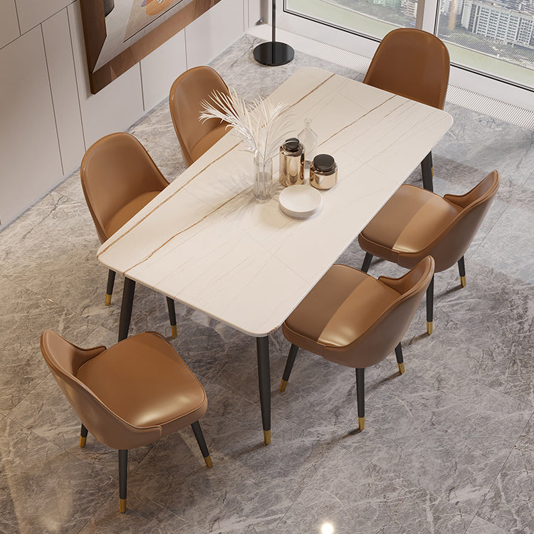 Modern Rectangle Dining Table Set 1/2/5/7 Pieces Stone Top Dinette Set 7 Pieces: White Table, 6 Brown Chairs Clearhalo 'Dining Room Sets' 'Dining Tables & Seating' 'dining_room_set' 'furn' 'furn_dining_room_set' 'Furniture' 'Kitchen & Dining Furniture' 5446288