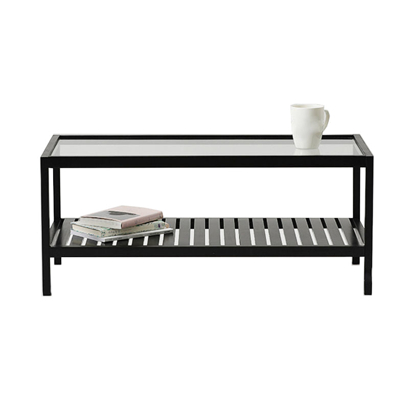 Modern Wooden Frame Coffe Table with Glass Top and Storage Shelf