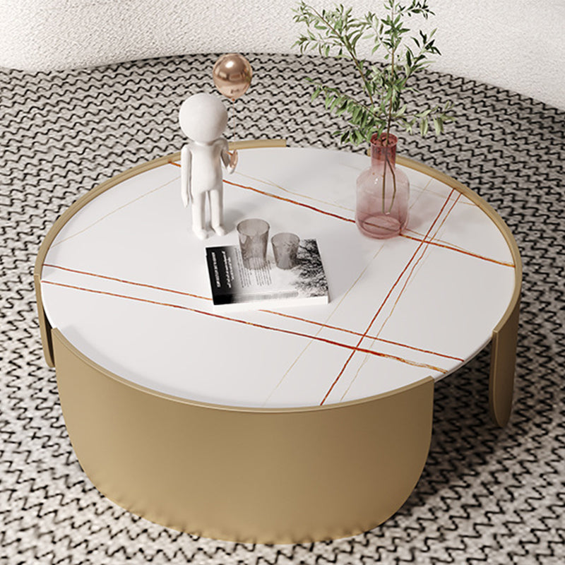Glam Stone Top Coffee Table with Steel Drum Base Round Cocktail Table