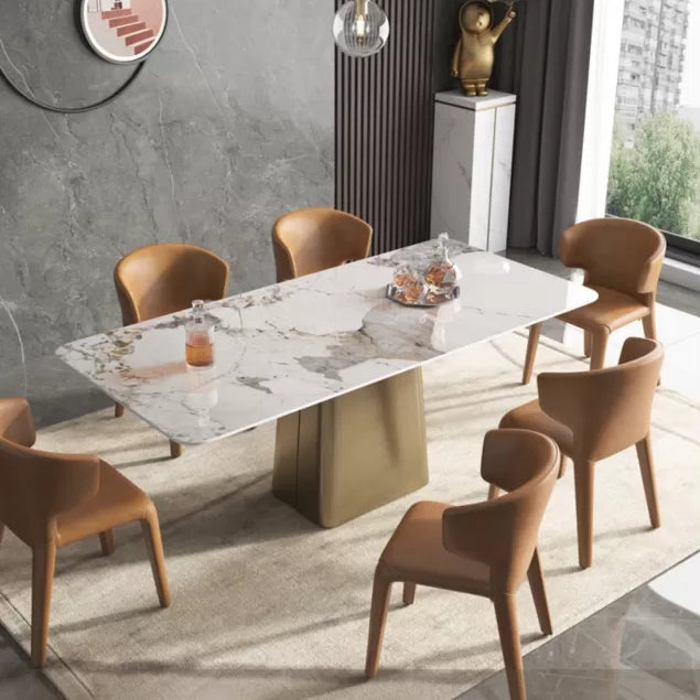 Glam Dining Set 1/2/4/7 Pieces Sintered Stone Top Table with Wingback Chairs 7 Pieces: Gold Table, 6 Chairs Clearhalo 'Dining Room Sets' 'Dining Tables & Seating' 'dining_room_set' 'furn' 'furn_dining_room_set' 'Furniture' 'Kitchen & Dining Furniture' 5475319