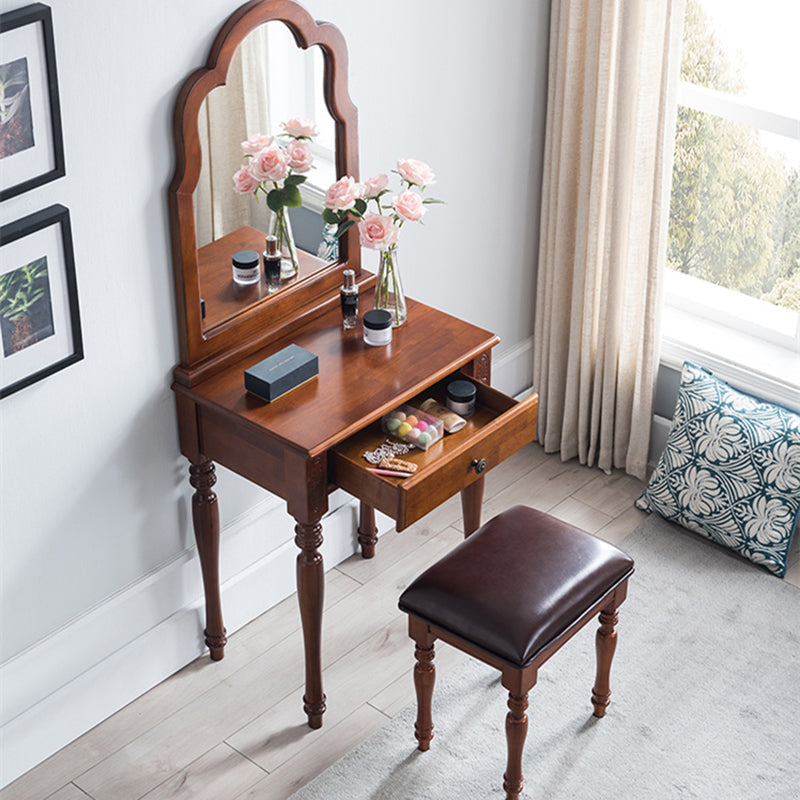 Traditional Wooden Vanity Makeup Table Set 1 Drawers Dressing Table with Mirror Makeup Vanity & Stools Brown Clearhalo 'Bedroom Furniture' 'furn' 'furn_makeup_vanities' 'Furniture' 'Makeup Vanities' 'makeup_vanities' 5479651