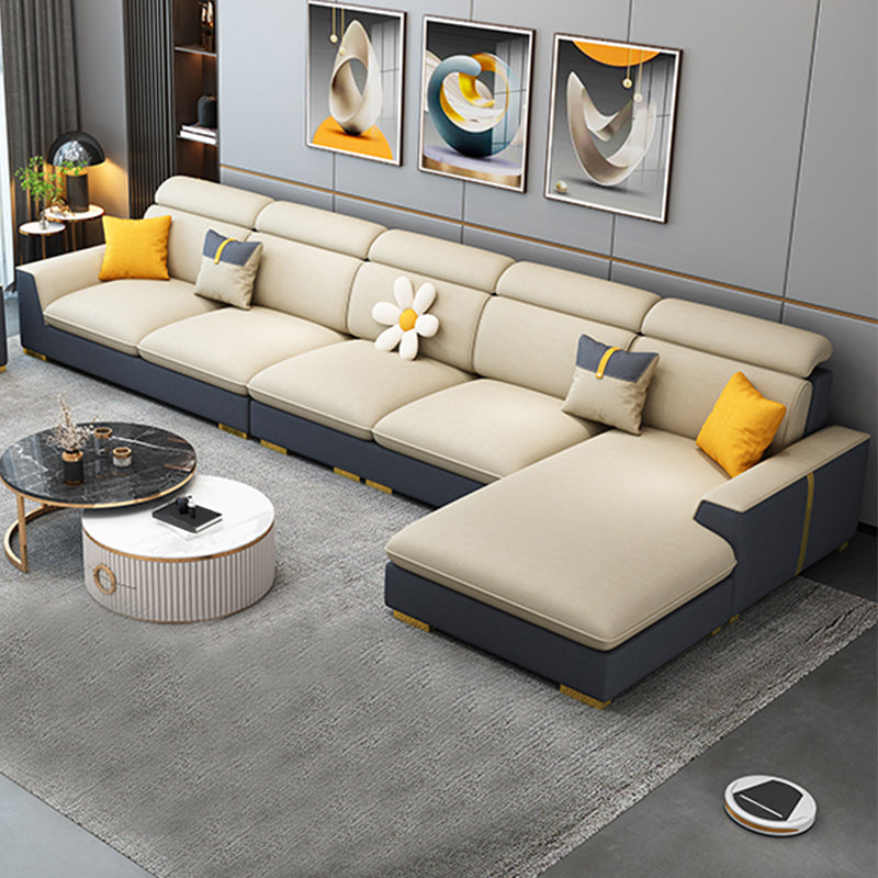 Nordic Grey and Beige Sofa Faux Leather Square Sewn Pillow Back Sofa 159"L x 69"W x 35"H Clearhalo 'furn' 'furn_sectionals' 'Furniture' 'Living Room Furniture' 'Sectionals' 5484544