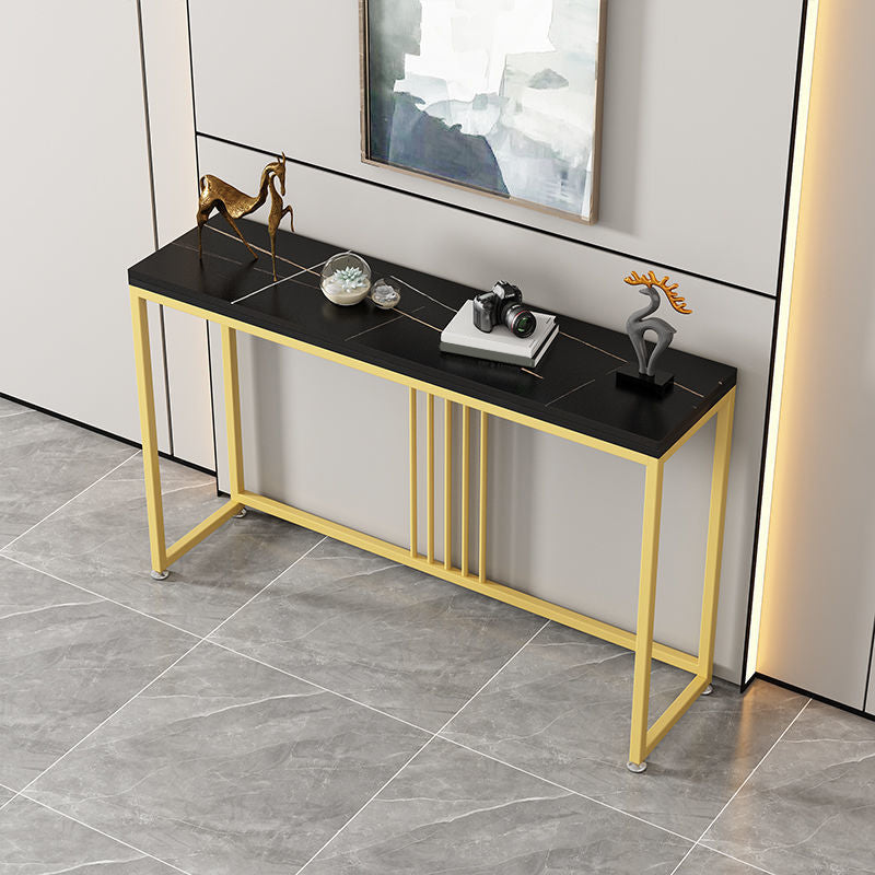 Rectangle Stone Top Console Table with Steel Trestle Base Accent Table Gold Black Clearhalo 'Console Tables' 'console_tables' 'Entry & Mudroom Furniture' 'furn' 'furn_console_tables' 'Furniture' 5485586