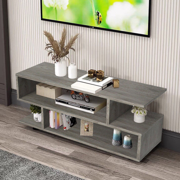 Moderne offene Speicher -TV -Konsole, Holz und Metallfernseher im Holzfinish