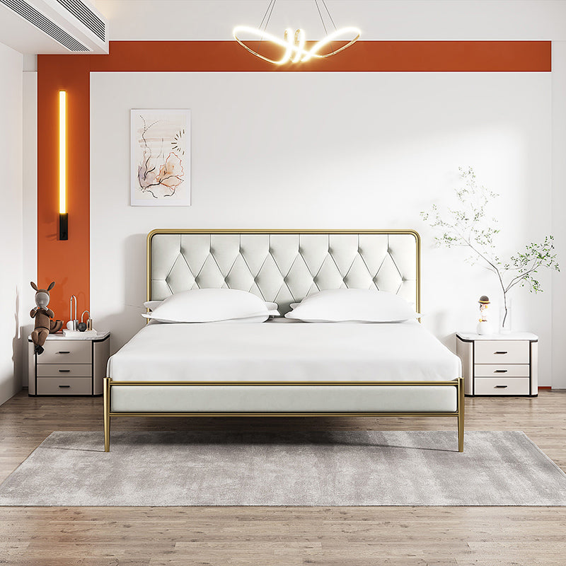 Tufted Upholstered Bed with Headboard Faux Leather Bed with Metal Legs California King Off-White Clearhalo 'Bedroom Furniture' 'Beds' 'furn' 'furn_beds' 'Furniture' 5517743