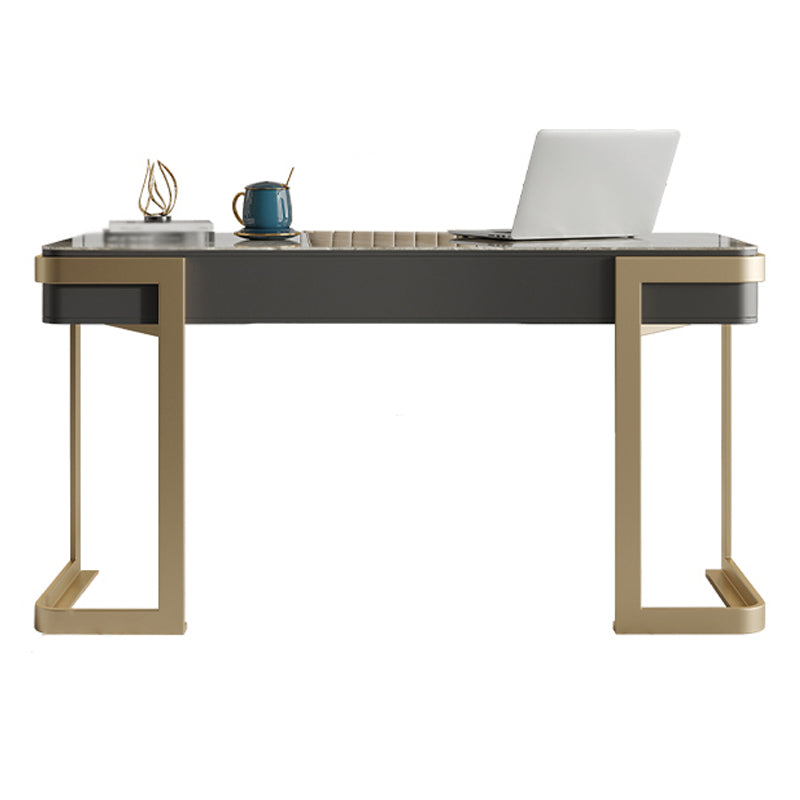 Contemporary Curved Office Desk Stone Sled Writing Desk with 2 Drawers 63"L x 23.6"W x 29.5"H Gray-Gold Clearhalo 'furn' 'furn_office_desk' 'Furniture' 'Office Desks' 'Office Furniture' 'office_desk' 5523374