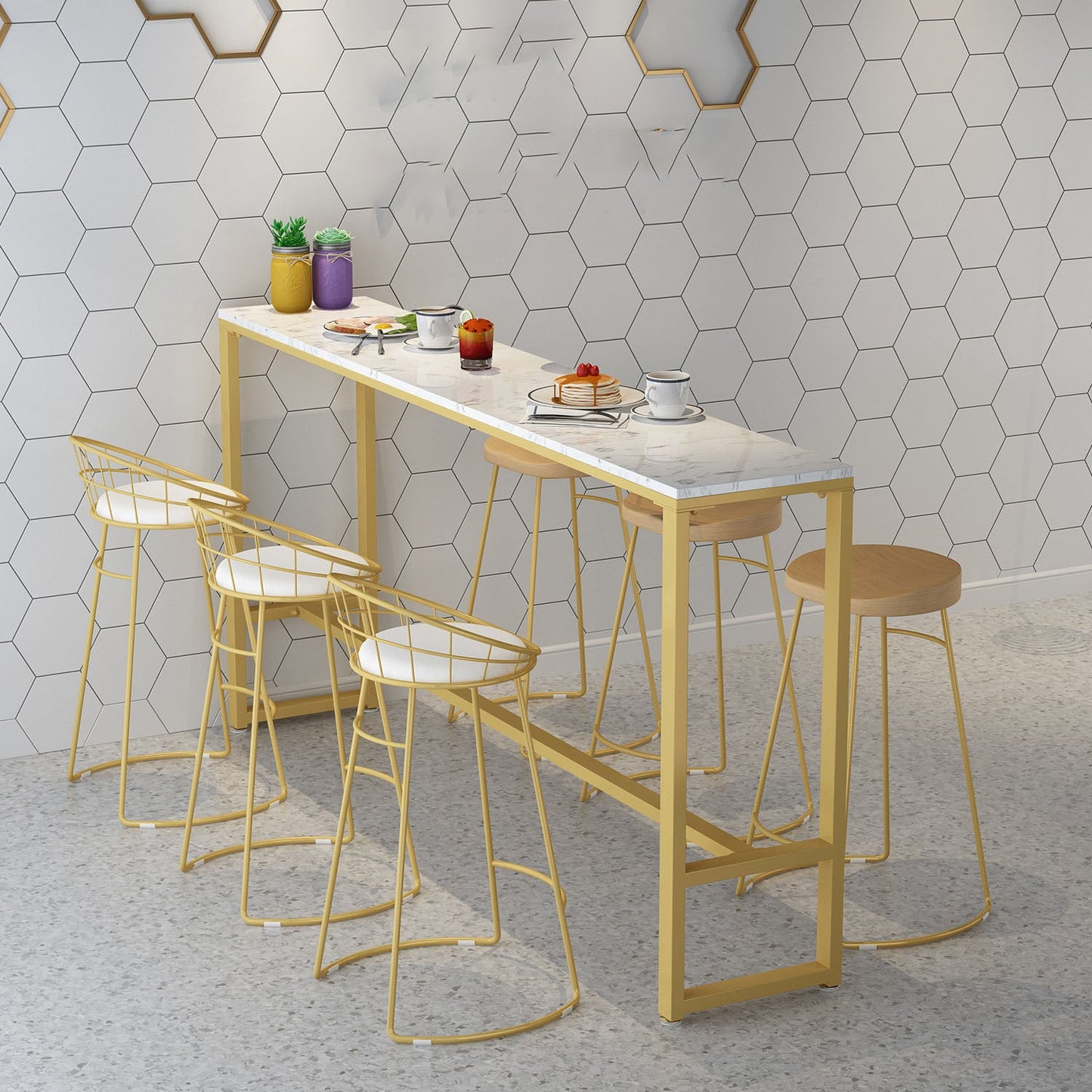 Mesa de barra de mármol artificial rectangular mesa bistro lujosa con pedestal doble