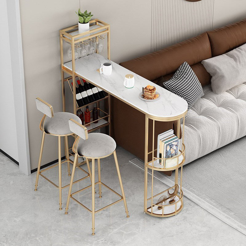 Stone Bar Dining Table Modern Bar Table with Double Pedestal for Balcony Dining Room 63"L x 15.7"W x 41.3"H Gold Without Chairs Clearhalo 'Bar Furniture' 'Bar Tables' 'bar_tables' 'furn' 'furn_bar_tables' 'Furniture' 'Kitchen & Dining Furniture' 5527528