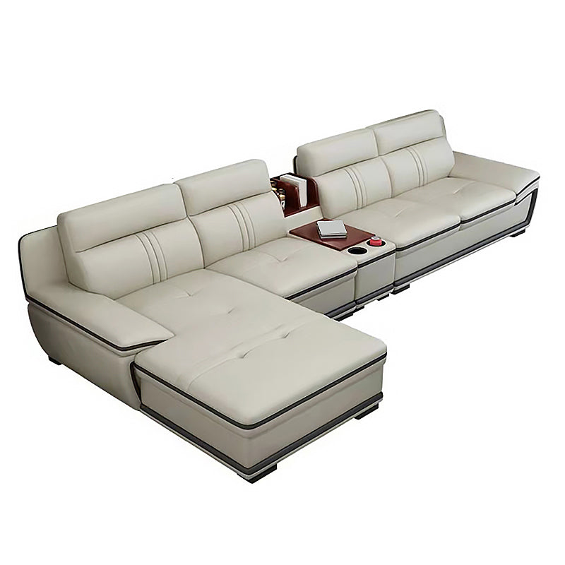 Tufted Pillow Top Arm Sectional Modernism Beige Genuine Leather Sofa&chaise
