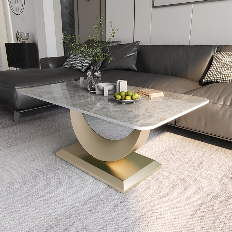 Glam Stone Coffee Table with Steel Pedestal Base and Rectangle Top
