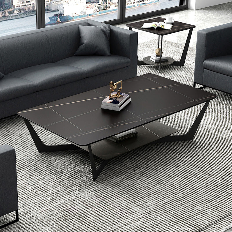 Rectangle Stone Top Cocktail Table with Cross Leg and Storage Shelf