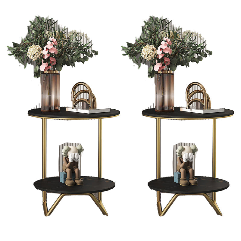 Modern Metal C Side Table Round Slate Side End Table with Shelf