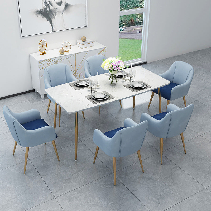 Glam Style Sintered Stone Dining Set Rectangle 1/4/5/7 Pieces Dining Set 7 Pieces: Table, 6 Light Blue Chairs Clearhalo 'Dining Room Sets' 'Dining Tables & Seating' 'dining_room_set' 'furn' 'furn_dining_room_set' 'Furniture' 'Kitchen & Dining Furniture' 5542658