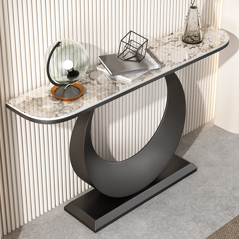 Tavolo da console in pietra mezzaluna con tavola di accento di base del piedistallo di ferro