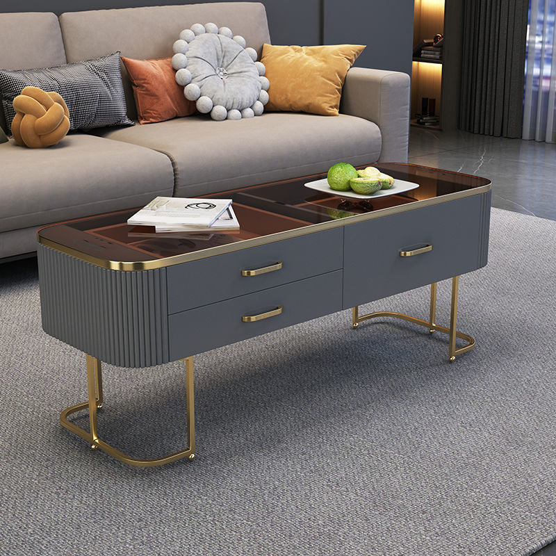 Tavolino contemporaneo con cassetto di stoccaggio e base a cornice dorata