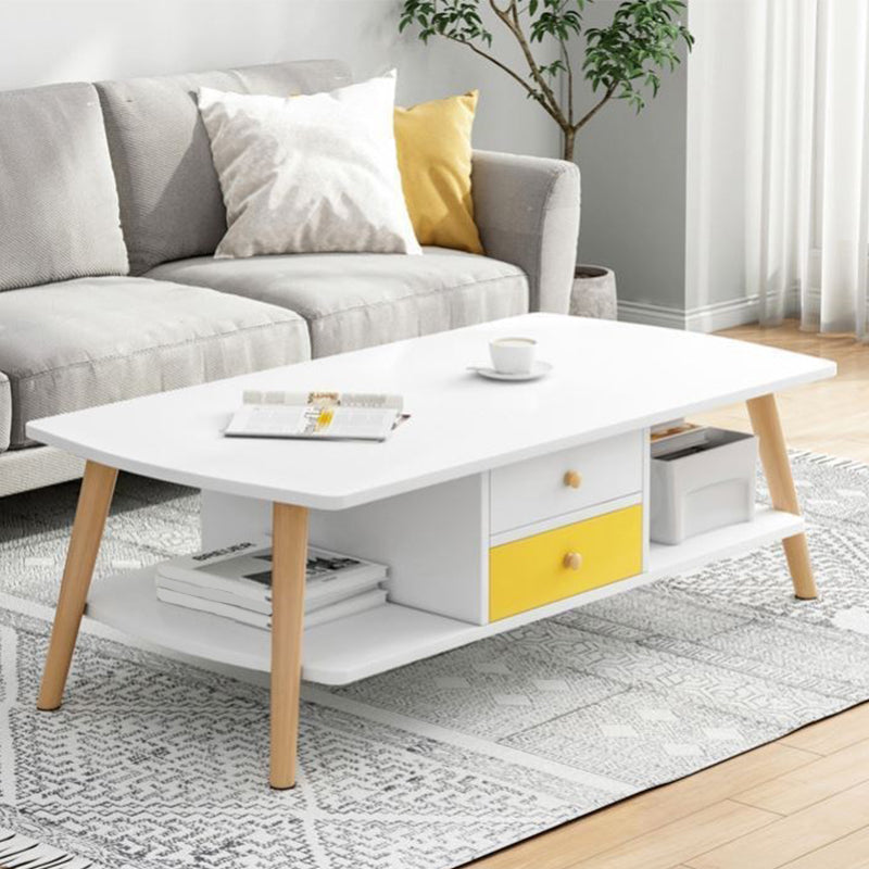 Modern Style Rectangular Artificial 4 Legs Base with Drawer Coffee Table 47"L x 23"W x 17"H White Yellow 2 Clearhalo 'Coffee & Accent Tables' 'Coffee Tables' 'coffee_tables' 'furn' 'furn_coffee_tables' 'Furniture' 'Living Room Furniture' 5550946