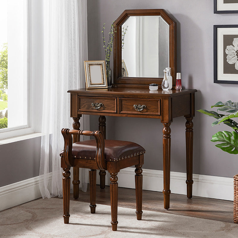 Rubberwood Bedroom Traditional Mirror 2-Drawer Espresso Vanity Set