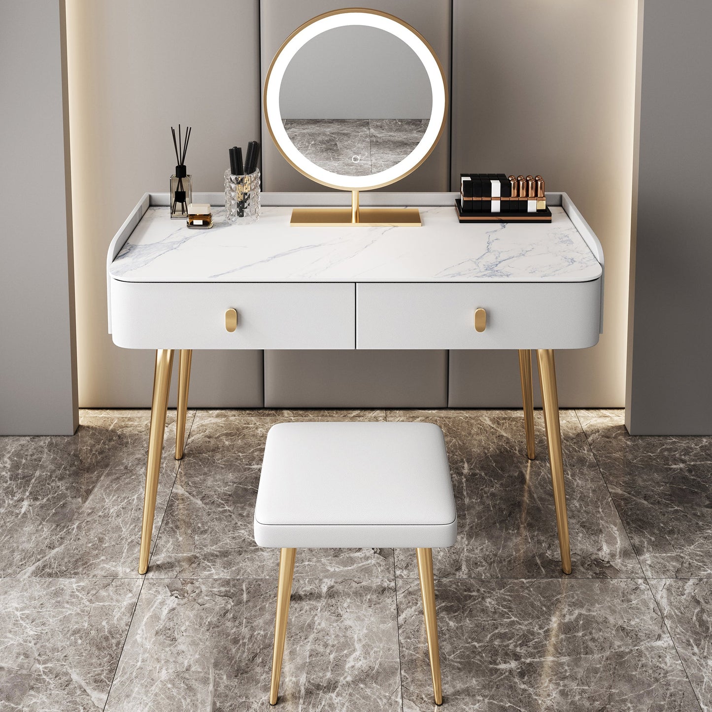 Glam Marble Makeup Vanity Set With Drawer for Bedroom in White Makeup Vanity & Mirror & Stools Clearhalo 'Bedroom Furniture' 'furn' 'furn_makeup_vanities' 'Furniture' 'Makeup Vanities' 'makeup_vanities' 5552451