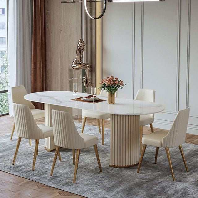 白い石のダイニングテーブルモダンな楕円形または自由なフォーム二重台付きの白いダイニングテーブル