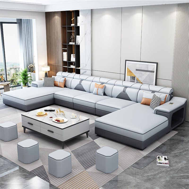 Modern U Faux Leather Sofa with Chaise Recessed Arm Sofa -71.26" D