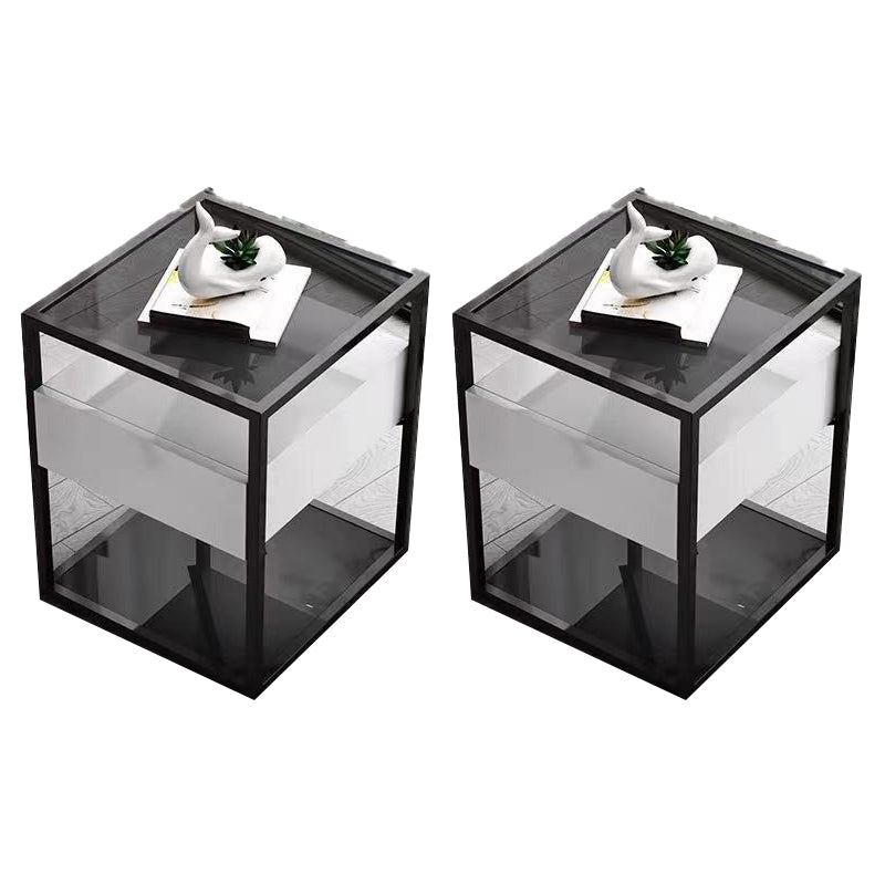 21.2" Tall Modern Rectangular Glass Top Side Table Iron Frame End Table with Storage